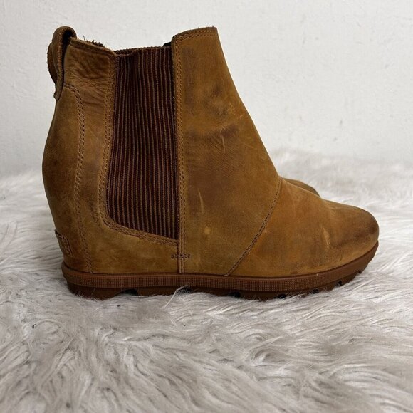 Sorel Tan Joan of Arctic Nubuck Leather Wedge Booties Sz 9 Pull Eli Curry Brown - Picture 4 of 11